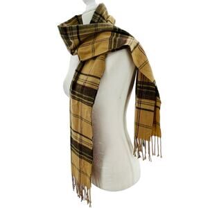 Cashmere Feel Tan Black Plaid Acrylic Faux Fringed Rectangle Scarf Size 12X72